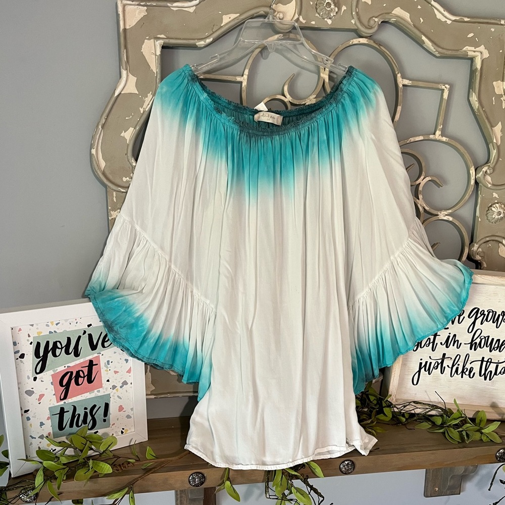Altard State White Top Blue Tie Dye Swim Coverup Flawy Bell Sleeve Womens S M L